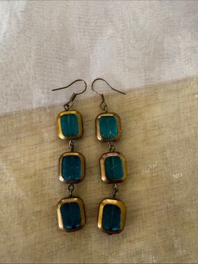 Unbranded Teal Glass Triple Drop Earrings with Gold-Tone Frames